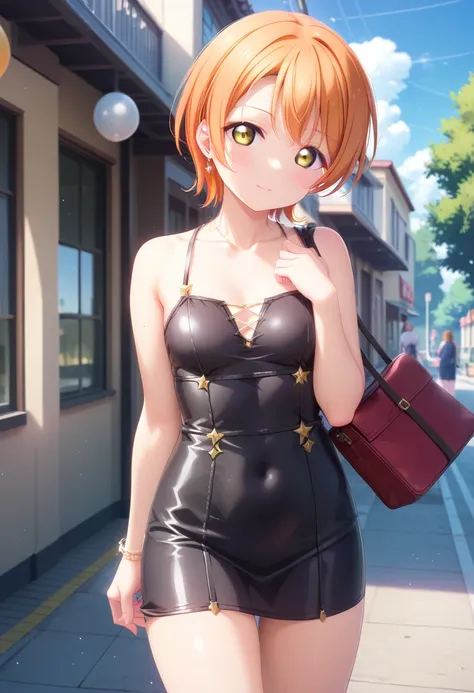 {{{masterpiece}}}, {{{best quality}}}, {{ultra-detailed}}, {illustration}, {{an extremely delicate and beautiful}}, orange hairRin Hoshizora Love Live 星空 凛、 orange hair、 short hair on the nose 、Yellow Eyes、20old、small Average breasts、 Black Tight Dress ＋Be...