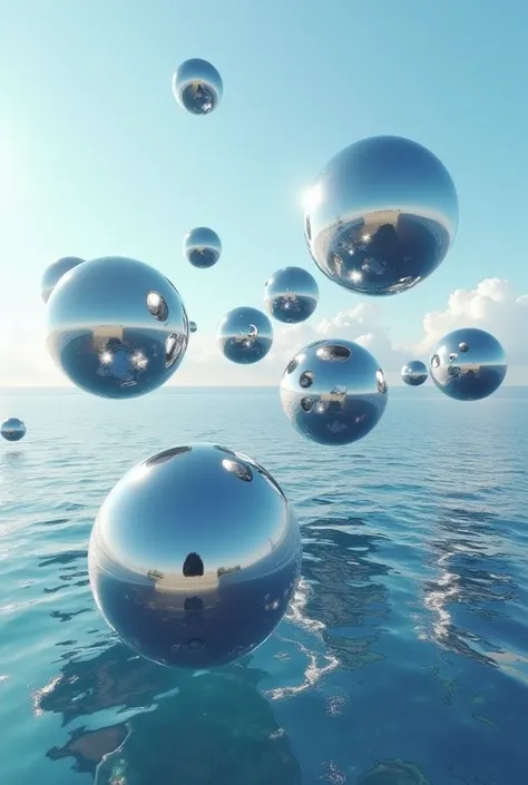 12 metallic orbs flying over the ocean