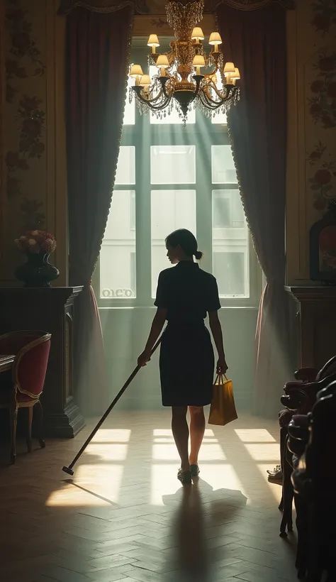 a female janitor cleaning a restricted area, intricate interior, high-ceilinged room, parquet flooring, ornate furniture, chandelier, dust motes in sunlight, cinematic lighting, moody atmosphere, highly detailed, photorealistic, 8k, masterpiece