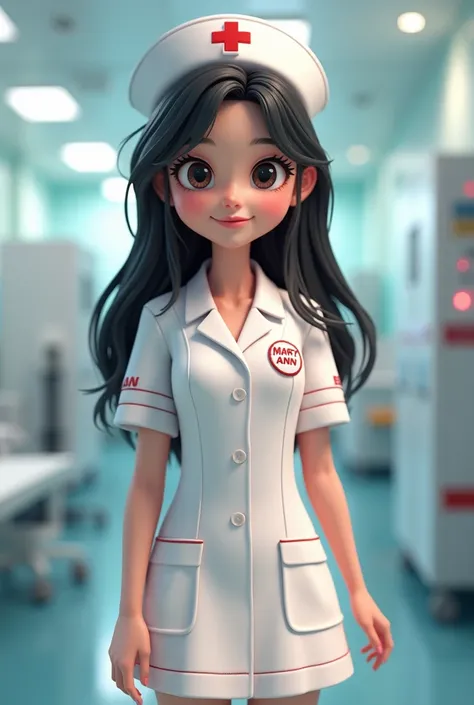 This is a 3D rendering of a stylized female character. She has large eyes, black hair, and is wearing a white nursing costume with big name on patches "Mary ann" written on it and a white nursing cap And hes while smile.. The background is inside the hospi...