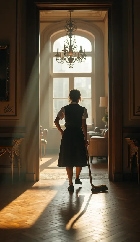 a female janitor cleaning a restricted area, intricate interior, high-ceilinged room, parquet flooring, ornate furniture, chandelier, dust motes in sunlight, cinematic lighting, moody atmosphere, highly detailed, photorealistic, 8k, masterpiece