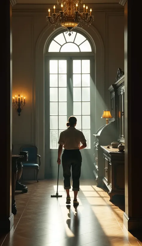 a female janitor cleaning a restricted area, intricate interior, high-ceilinged room, parquet flooring, ornate furniture, chandelier, dust motes in sunlight, cinematic lighting, moody atmosphere, highly detailed, photorealistic, 8k, masterpiece