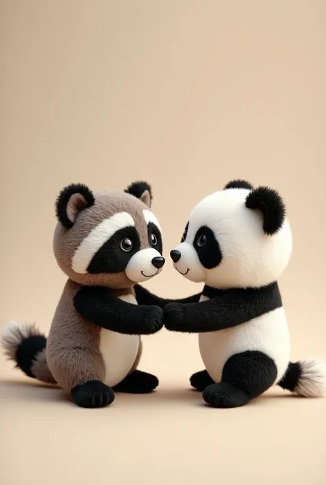 a plush raccoon holding hands with a plush panda