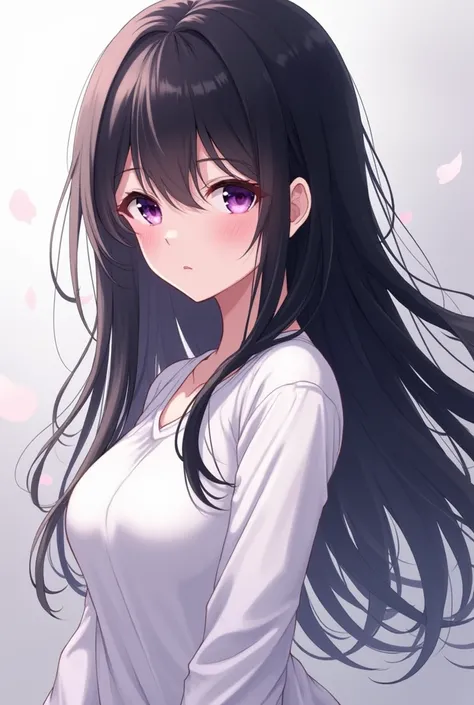 Create a 20-year-old anime girl ,  long black hair,  wearing a long-sleeved white shirt,  with small breasts and purple eyes  