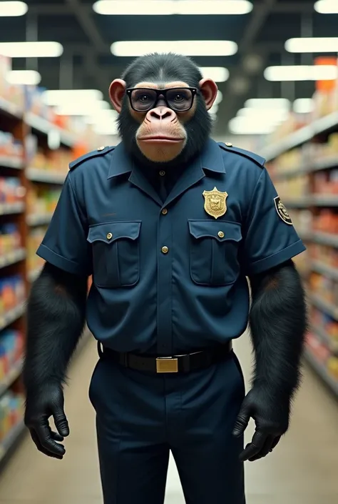 An ape in a supermarket guards uniform and glasses 