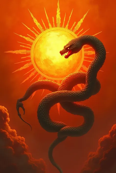 National flag,  orange flag on the background with a sun in the center being shrouded by a snake 