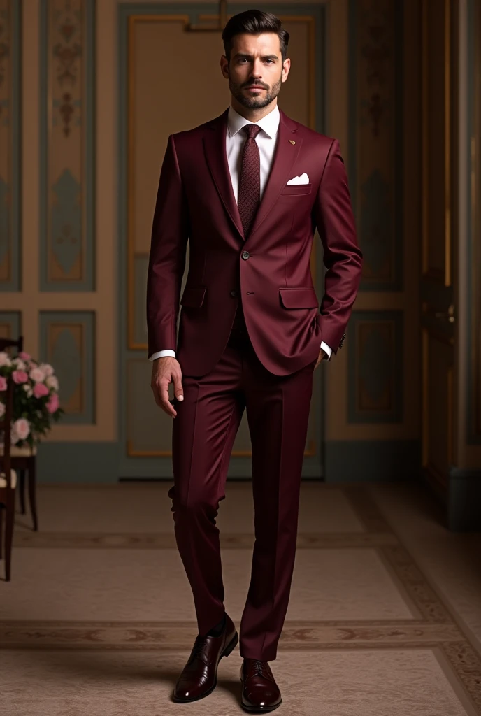 Bridegrooms suit , elegant Italian style for marriage, colors that are within the burgundy palette