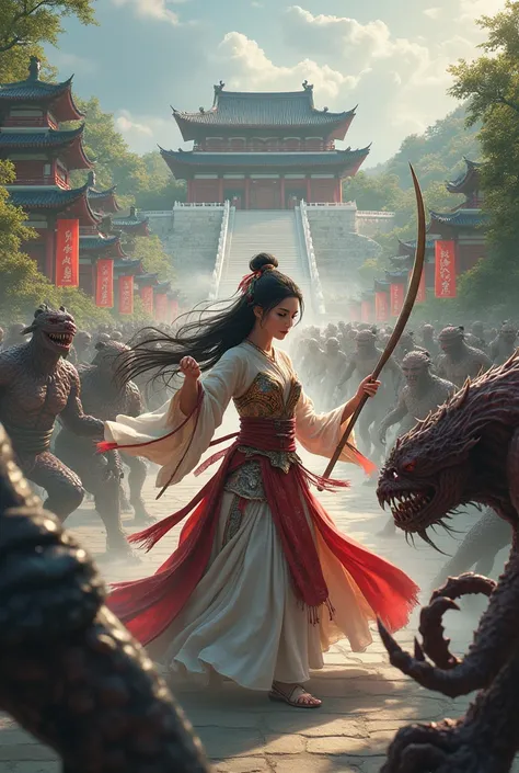 ( best quality),   detailed background, Oriental nobility,Warrior Girl,Martial Arts,With a halberd,They, Monster Army