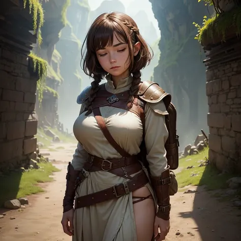 ((Best quality))) (((HD))) (((8K))) (Character) 20-year-old woman, ((Adventurous)), (eyes closed),  (freckles), ((brown hair)) and ((hair just touching shoulders:1.2) and (bob cut) and (short braid:1.2))), voluptuous, Brown hair body large breasts thick th...