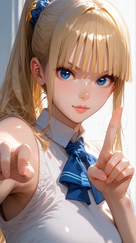 score_9, score_8_up, score_7_up, shiny skin, 1girl, solo, KeiKaruizawa, Kei Karuizawa, bangs, blunt bangs, ponytail hair, long hair, blue eyes, blonde hair, blue scrunchie, peace pose