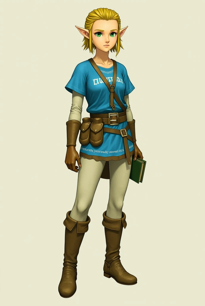 realistic image, princess zelda, 1girl, artist request, belt, blonde hair, blue shirt, book, boots, expressionless, full body, standing, posing, green eyes, highres, looking at viewer, magic, nintendo, pointy ears, shirt, short hair, simple background, sol...