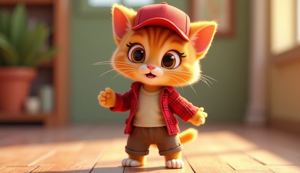 Nico, the anthropomorphic kitten with soft orange fur, big brown eyes, and an energetic demeanor, stands, walking like a human. He wears a red plaid shirt, brown shorts, and a red cap slightly tilted to the side, adding a playful touch to his attire. His y...