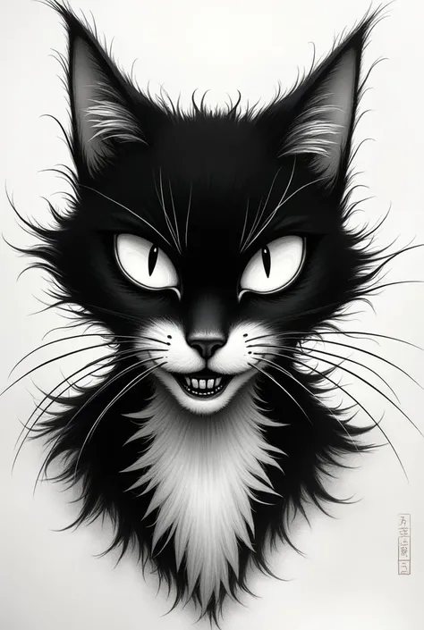 Black and white cat face drawings Japanese cat with cursed face