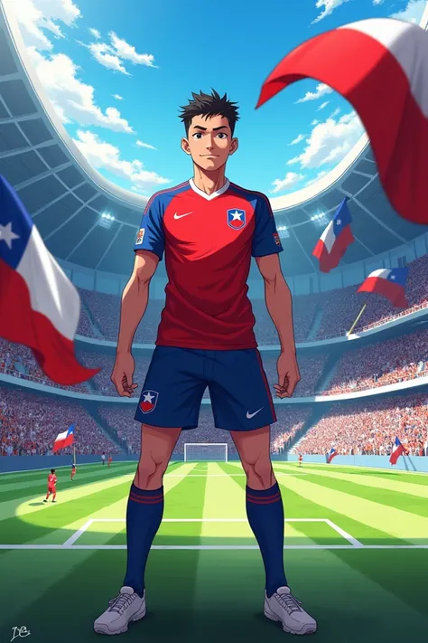 Chilean national team player as an anime in a stadium with many Chilean flags 