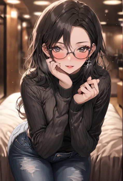 masterpiece, 1 girl, neet, mature woman, black long hair, parted bangs, black eyes, slight blush, semi-rimless glasses, black turtleneck sweater, jeans pant, 