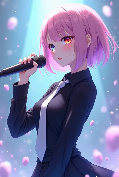 woman。 white skin。White Hair。pastel pink aurora hair。White Bob 。 odd-eye。Right eye is red。Left eye is blue。Black long shirt。 white tie。 anime style。 has a microphone 。 Im wearing 。Transparency。