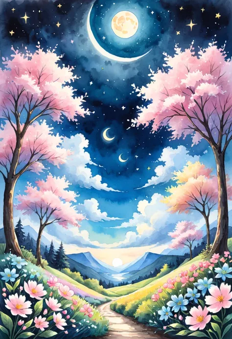 mix art watercolor and oil pastel painting by  , Cherry blossoms, Sky (blue), Flowers (pink), Natural scenery, Fresh and clean, "Create a vibrant crayon art painting,a minimal  painting serene nighttime landscape with a dark blue background to make the flo...