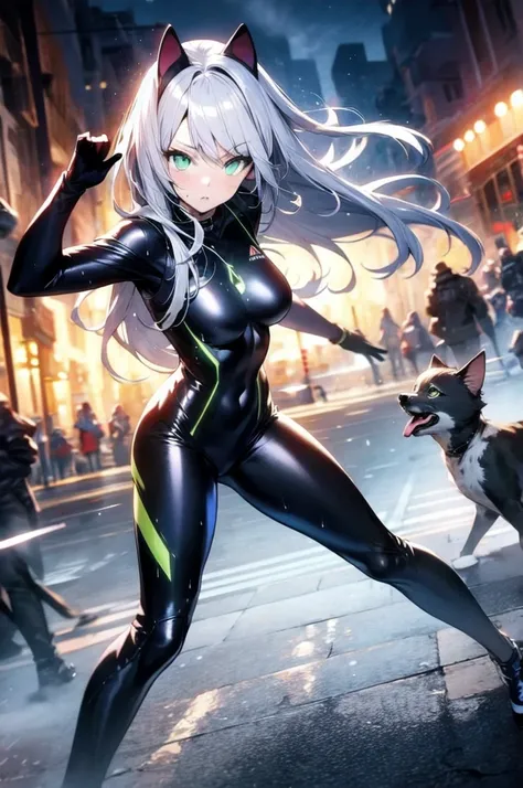 A beautiful girl with silver cat ears, green eyes, silver hair, long hair, black and white battle suit that fits her body perfectly, the background is the night city, the age is 14, dark night, sweat, steam from exhalation, dynamic angles, dynamic action p...