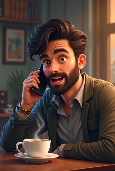 Young man tea with a beard ,  talking on a cell phone, With a surprise on my face.