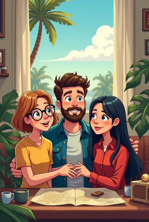 Create a cartoon image with 2 women, one with short and light hair and glasses, the other dark and smooth hair and a bearded man dreaming of traveling