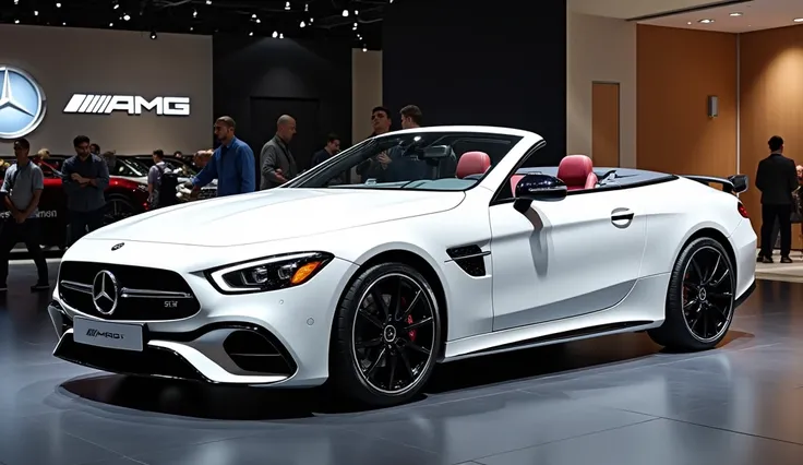 2025 Mercedes AMG SL43 exterior review  car lights 100% Real images show in showroom  wite  colour high quality medium resolution and name and Logo show on the car