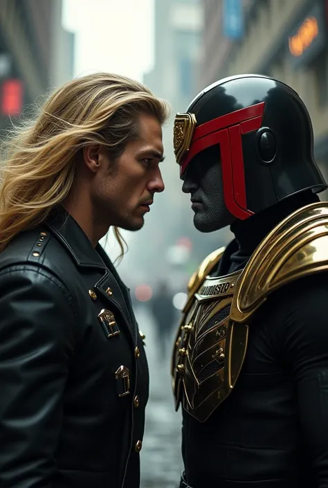  Create a blond man with long blond hair, and look fierce staring at Judge Dredd , In profile staring closely .  Judge Dredd in his black uniform and helmet with visor.