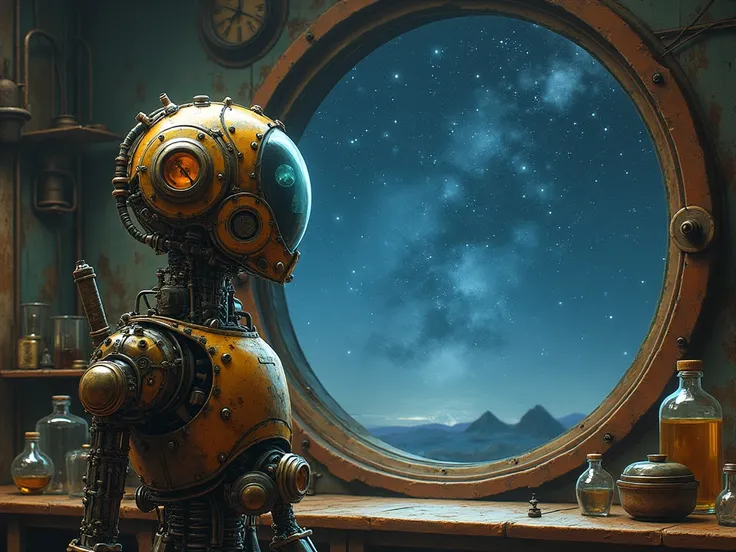 Steampunk Style Art :
" A detailed robot with gears and tubes ,  in an old laboratory ,  looking at a starry sky visible through a circular window."