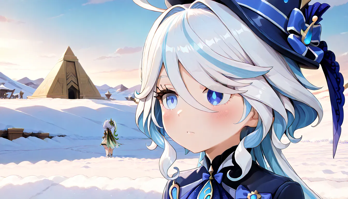 ((top quality)),((masterpiece)),((perfect face)),(ultra-detailed),ultra high res, 8k, 2girls, torso, nahida (genshin impact), furina (genshin impact), pyramids, snow field, (very aesthetic:1.2), (absurdres:1.2), (detailed background), (antialiasing),(anime screencap),newest, perfect anatomy