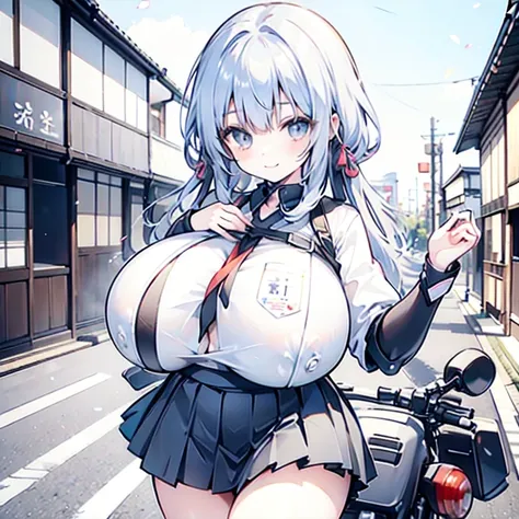 masterpiece,Best Quality,One, (((Kyoto Style))), girl,Chibi,motorcycle,Jump, (frown:0.9),smile,speed,Motion Lines,helmet, mini skirt、A silly smile、(((big breast:1.5)))