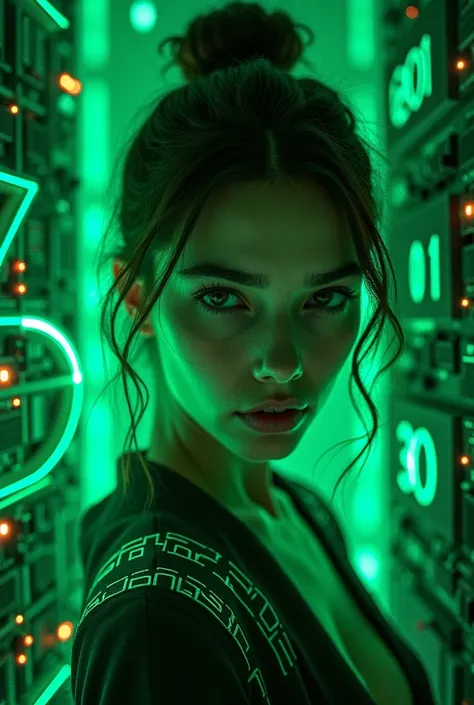  beautiful woman using green binary numbers that emerge from the computers circuit boards - and neon codes- incorporating freedom and independence what the digital represents,  the cyberpunk aesthetic - neon lighting -down to the bottom , 32k in the foregr...