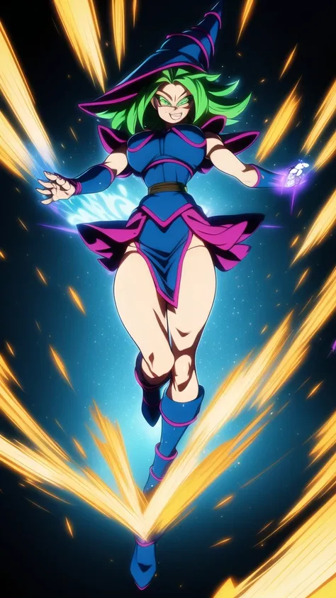 
dbsuper style, (extremely detailed CG unity 4k wallpaper),(masterpiece),(ultra quality),(ultra-detailed),(best illustration),(best shadow),(absurdres),masterpiece, best quality, cinematic light, 1girl, grin, dark magician girl, green hair, blue headwear, ...