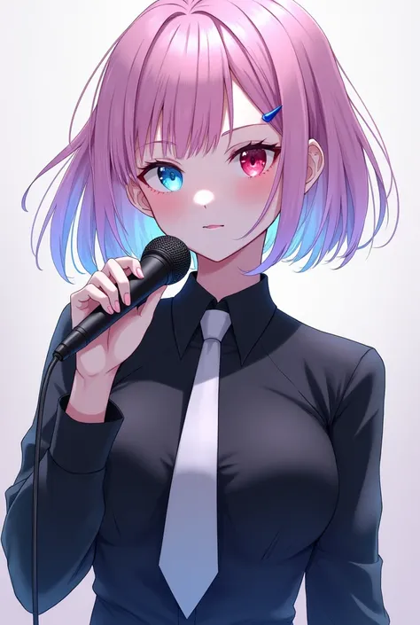 woman。 white skin。White Hair。pastel pink aurora hair。White Bob 。 odd-eye。Right eye is red。Left eye is blue。Black long shirt。 white tie。 anime style。 has a microphone 。Transparency。