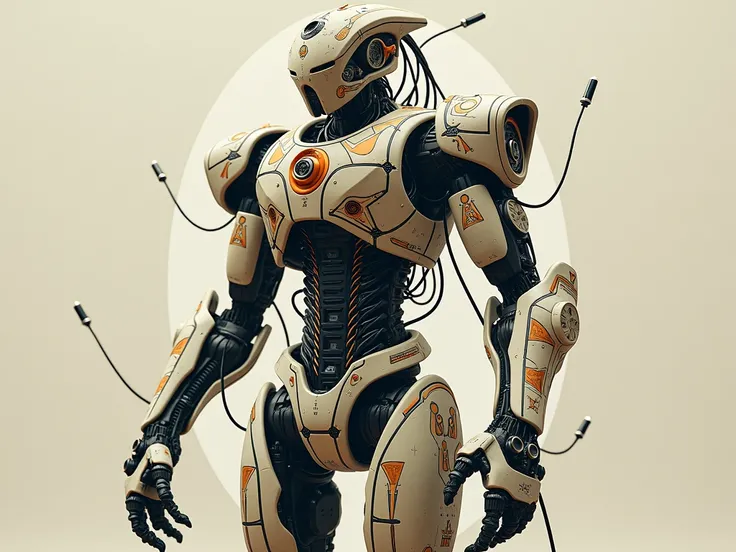 Modern Tribal Art :
" A stylized robot with tribal patterns ,  cables and circuits intertwined in its housing ,  representing the connection between technology and humanity."