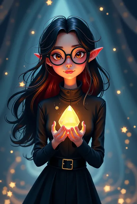 Pixar astrology themed.  a thin young girl sorcerer with very dark black and and red hair wearing all black holding a magical stone . She has a small nose septum piercing And wearing glasses Her hair is down