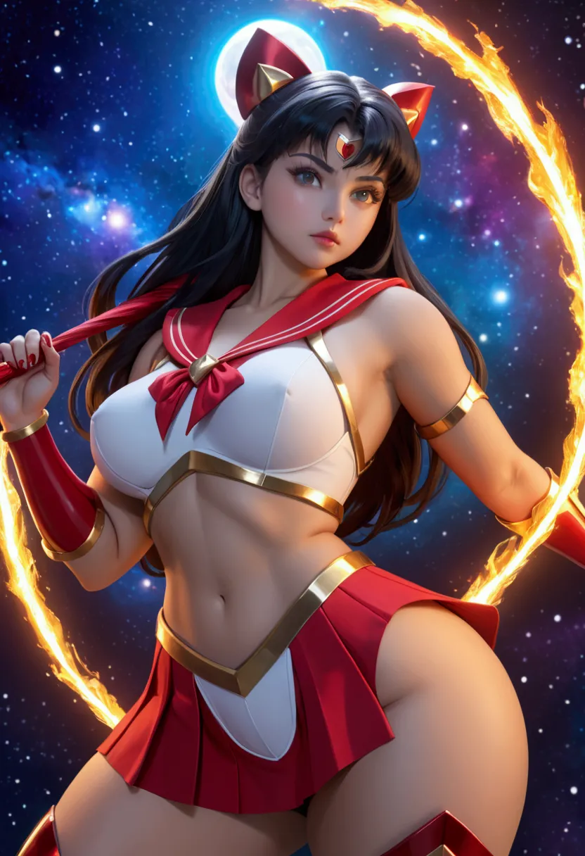 woman wearing sexy white and red mobile legend hero armor, sailor mars theme, leotard,drawing action pose fantasy fire bow, in a...