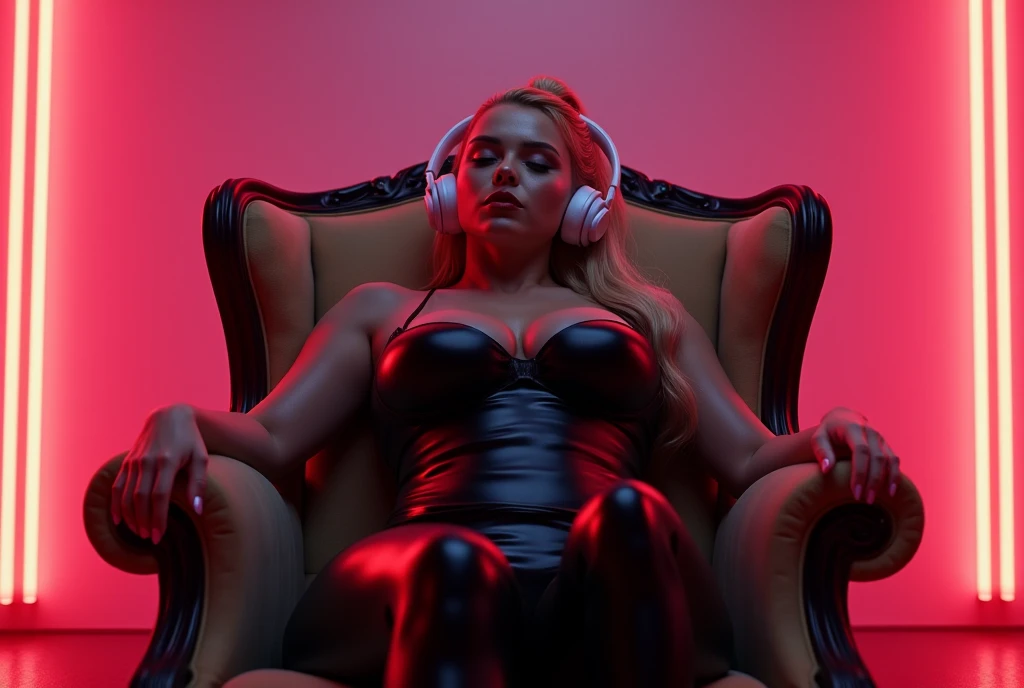 Hyper realistic, 8K, Detailed, ((Better quality)), (( masterpiece)),  photorealistic , ((Detailed)), ((lora:GoodHands-beta2:0.8)). beautiful blonde woman, She is in a completely empty room sitting in a vintage armchair,  environment with light neon lights ...