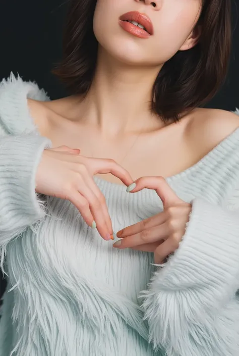 Only one woman with a cute smile wears cute, fluffy off-shoulder pajamas, makes a big heart shape with both hands, and poses them in front of her chest, View above collarbone、The background is a monotone 、
