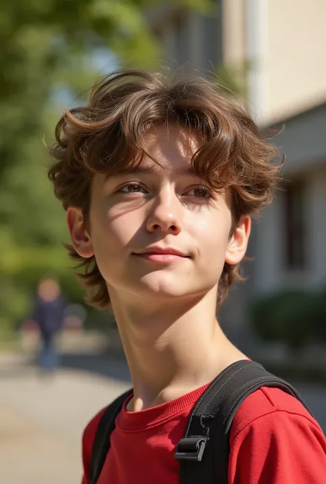  Matias had light brown hair ,The height of a ,75m, brown eyes , slightly long face ,thin face, slightly defined but not too defined body and pale skin, he also had freckles on his face . school environment,  sunny day Super detail ,  Textured skin ,  anat...