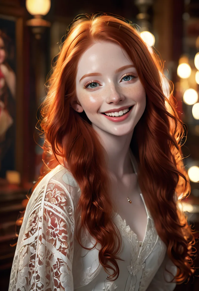 a beautiful young woman with long red hair, pale skin, smiling face, detailed facial features, high-quality portrait, photoreali...