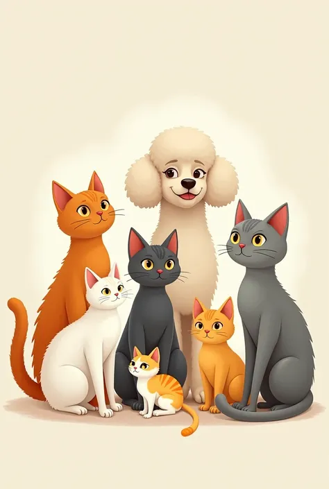 Two white cats , a yellow cat, A gray cat, a white and yellow cat and a cream-colored French Poodle dog
