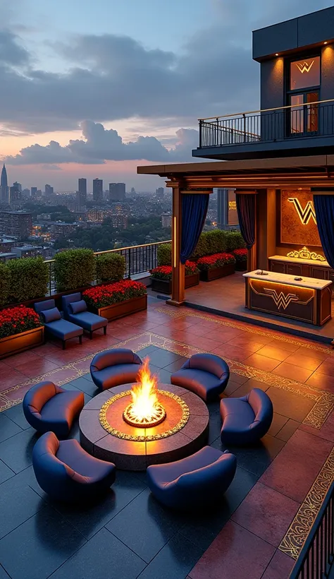 A spectacular rooftop retreat inspired by Wonder Woman, combining breathtaking design with functional luxury. The centerpiece is a circular seating area surrounding a custom firepit shaped like her shield, with golden flames flickering against the night sk...