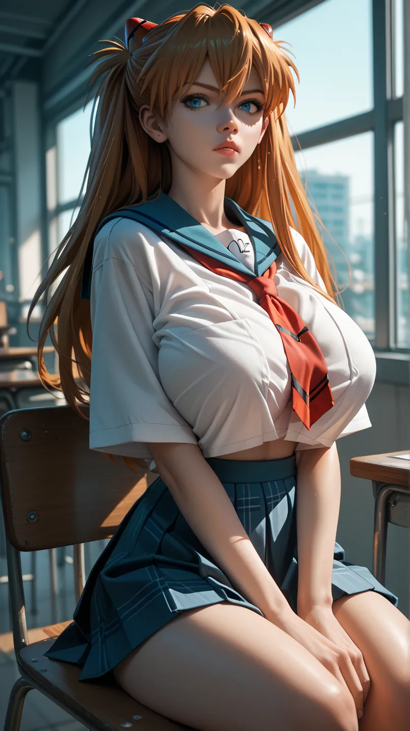 asuka langley from neon genesis evangelion is sitting on top of the viewer's lap. she looks directly at the viewer. she's wearin...