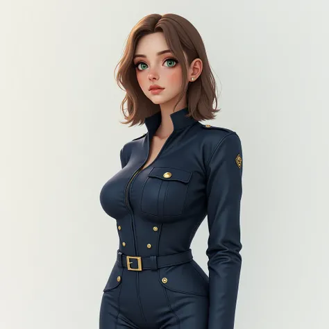 (photorealism:1.2), young woman, hourglass figure, c-cup breast, wearing tight navy blue combat outfit, shoulder length light brown hair, green eyes, different face, soft lighting, white background, standing pose, realistic, intricate details, warm colors