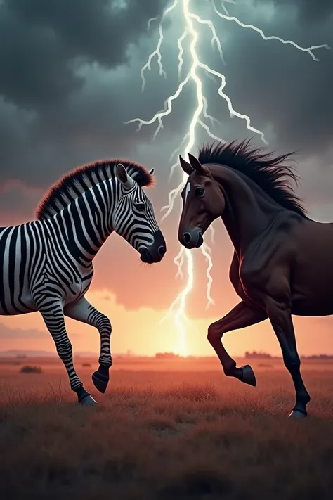 Create a dramatic confrontation between a zebra and a horse, both in aggressive and angry stances, facing each other in an intense standoff. The zebra, with its black-and-white striped coat, flares its nostrils and paws the ground, while the horse, with a ...