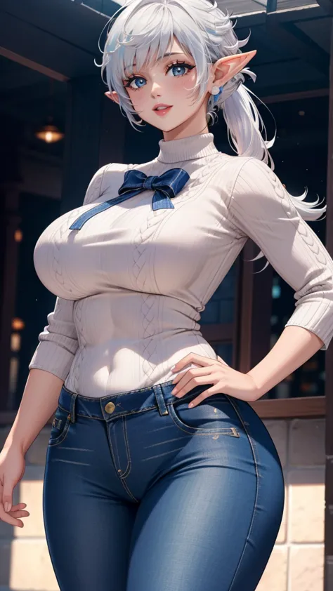 (masterpiece:1.2, best quality), (intricate details), alisaie, (alisaie leveilleur (final fantasy)), 1girl, elf ears, (denim pan...