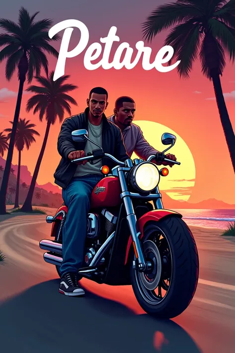 SAN ANDREAS SERVER LOGO THAT IS CALLED PETARE FOR EVERYONE AND THAT BRINGS A LANDSCAPE OF MARIS BEACH WITH A SUNSET AND CJ AND BIG SMOKKE APPEAR ON A MOTORCYCLE