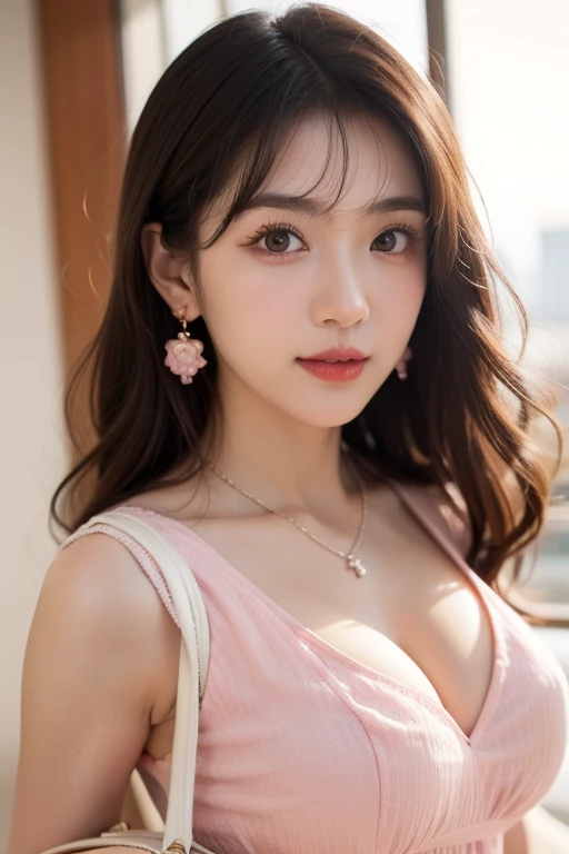 International travel、Wearing a 、 dress in an overseas city、 1 girl,  high definition , Long Hair, chest, smile, bangs, Brown Hair, Long Hair, 8K images、Namida bag 、 double eyelids、Eyelashes、Droopy eyes、 Brown Eyes 、Moisturized lips、Pink lipstick、 model bod...