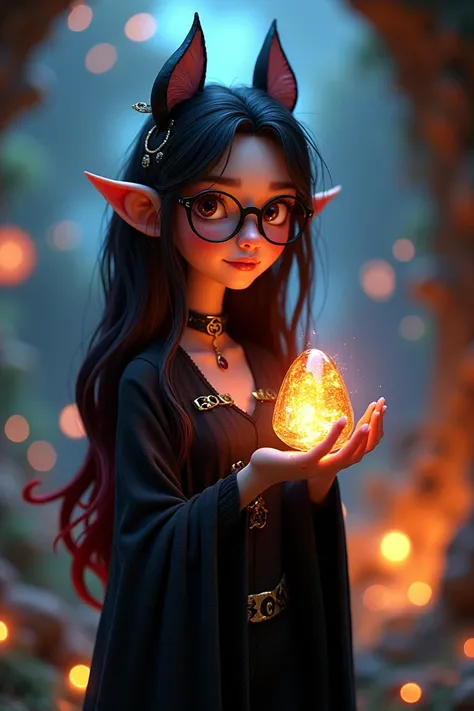 Pixar astrology themed.  a thin young girl sorcerer with very dark black and and red hair wearing all black holding a magical stone . She has a small nose septum piercing And wearing glasses