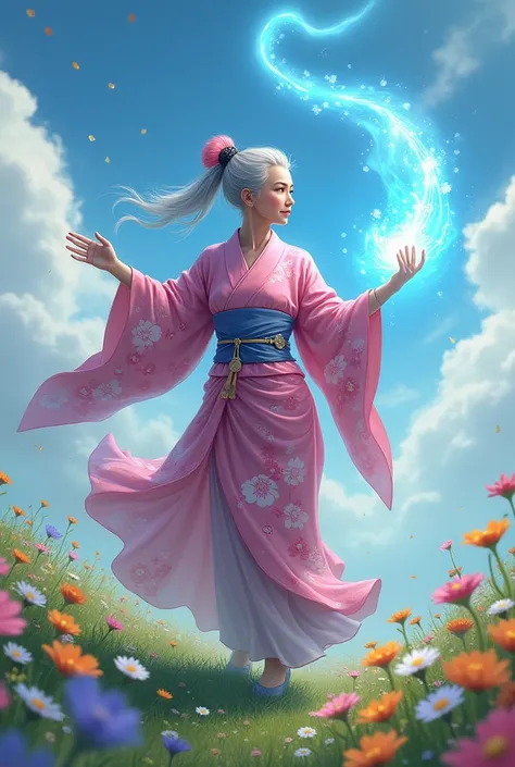  A lady wearing a flowery pink kimono,  she is approximately 80 years old and 1 ,55 tall, She is a master of mystical arts ,  she is in a flowery field training magic ,  she has blue eyes and is hunchback , But she is firm ,  she knows how to fly and uses ...