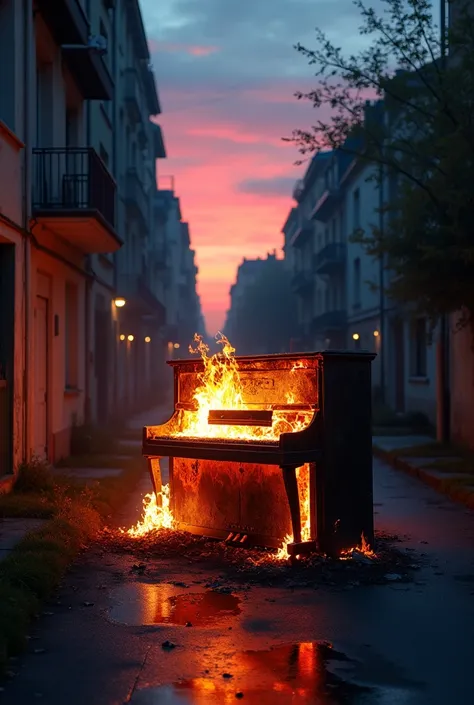 faire une image de quartier de banlieue parisienne, type 93. Sale, sombre, au couché du soleil. Avec des lumières néons rouges, bleues, voilettes et jaunes. Au centre, un peu au loin, un piano à queue est quasi intégralement brulé par les flammes. 